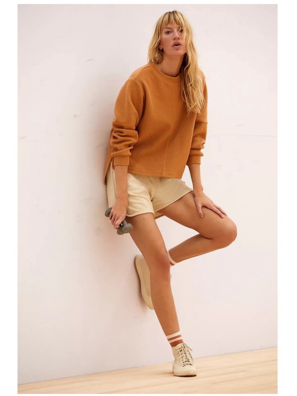 Varley Vanetta Ribbed Keyhole Back Crewneck Sweatshirt In Cashew Womens M